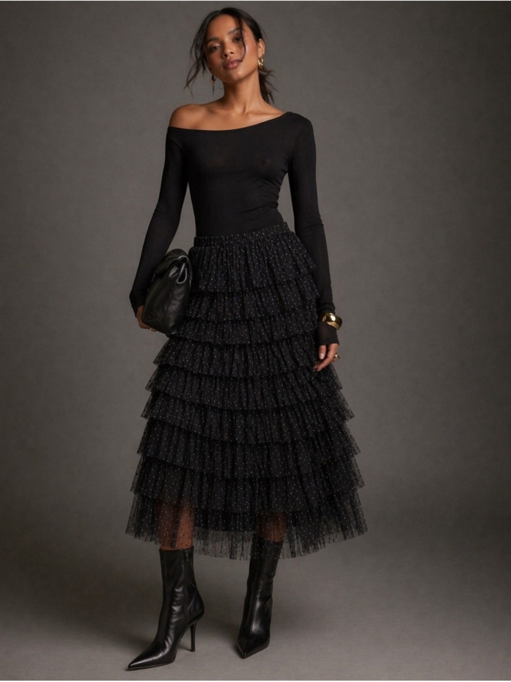 Cupcakes & Cashmere Black Tiered Tulle Midi Skirt Glam Sheer Layers Size Large - Picture 13 of 13